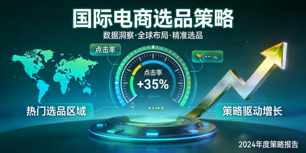 国际电商选品策略主题横幅图：展示数据分析仪表盘、全球地图与上升箭头，象征通过策略实现点击率飙升