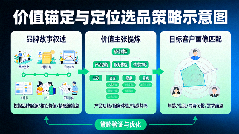 价值锚定与定位选品策略示意图：展示品牌故事叙述、价值主张提炼与目标客户画像匹配的过程