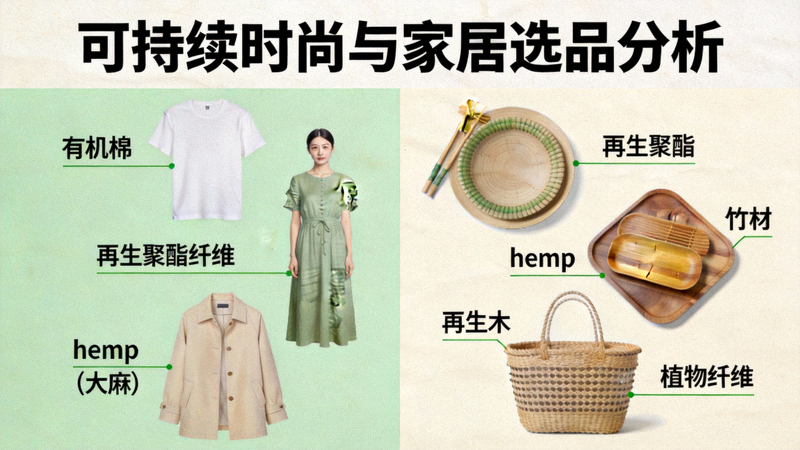 可持续时尚与家居选品分析配图：展示环保材料制成的服装与家居装饰品
