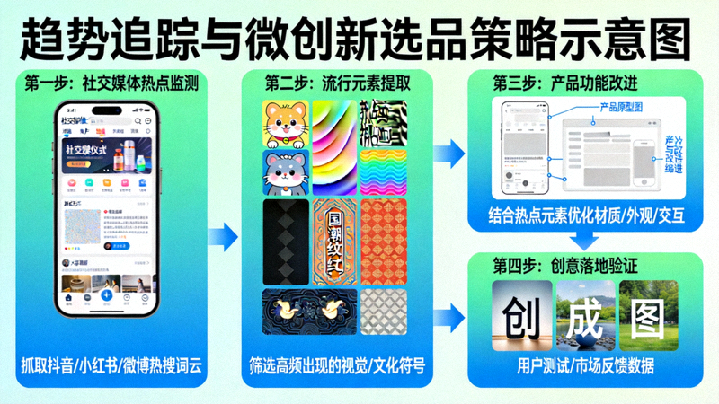 趋势追踪与微创新选品策略示意图：展示社交媒体热点、流行元素与产品功能改进结合的创意过程